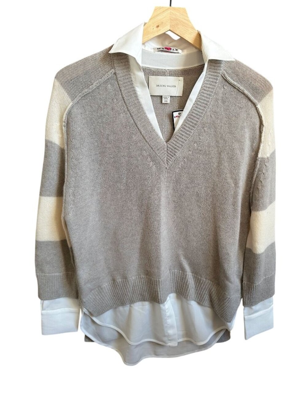 Brochu Walker Striped V Neck Layered Pullover Sweater. Size XS, Taupe